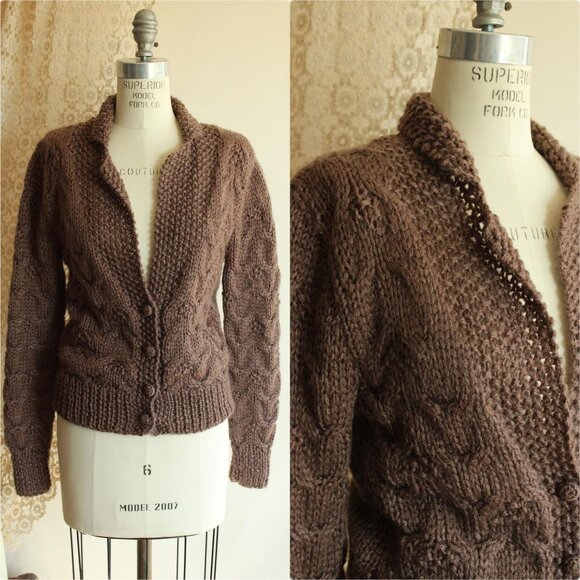 Vintage 1970s Sweater, Sheridan Unique Brown Knit Cardigan with Shoulder Pads, S - Picture 1 of 10